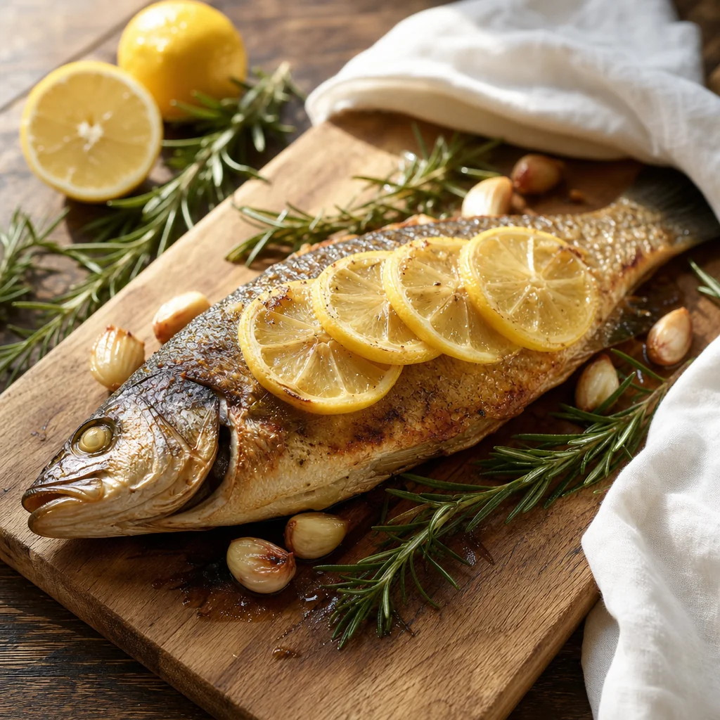 Wood-fired sea bass with rosemary and lemon