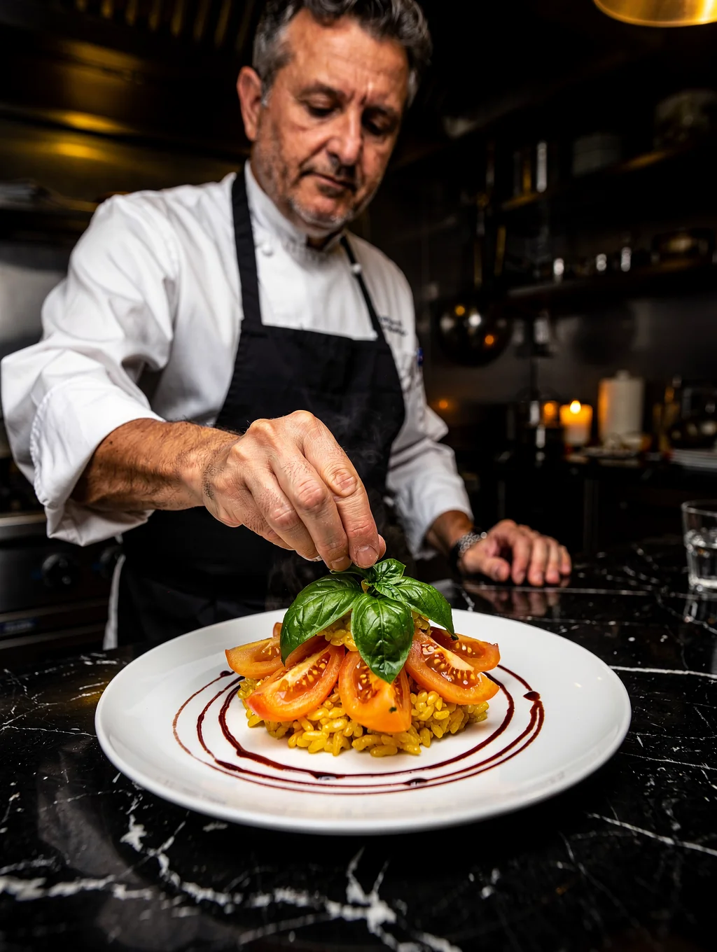 Executive Chef Alessandro Rossi plating seasonal risotto in kitchen