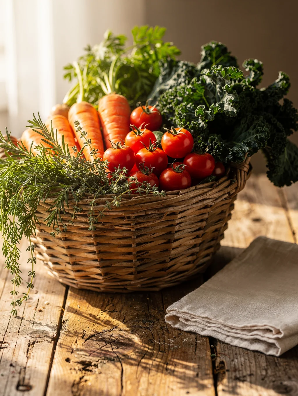 Fresh seasonal vegetables and herbs sourced from local organic farms