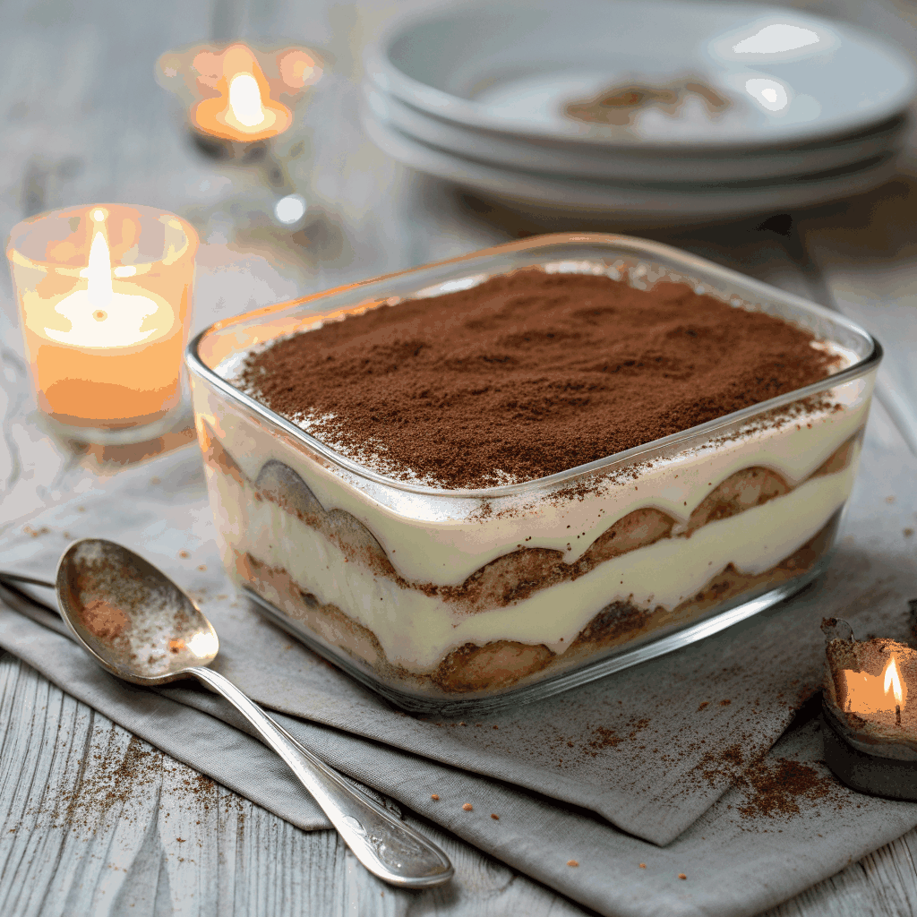 Classic tiramisu with cocoa dusting